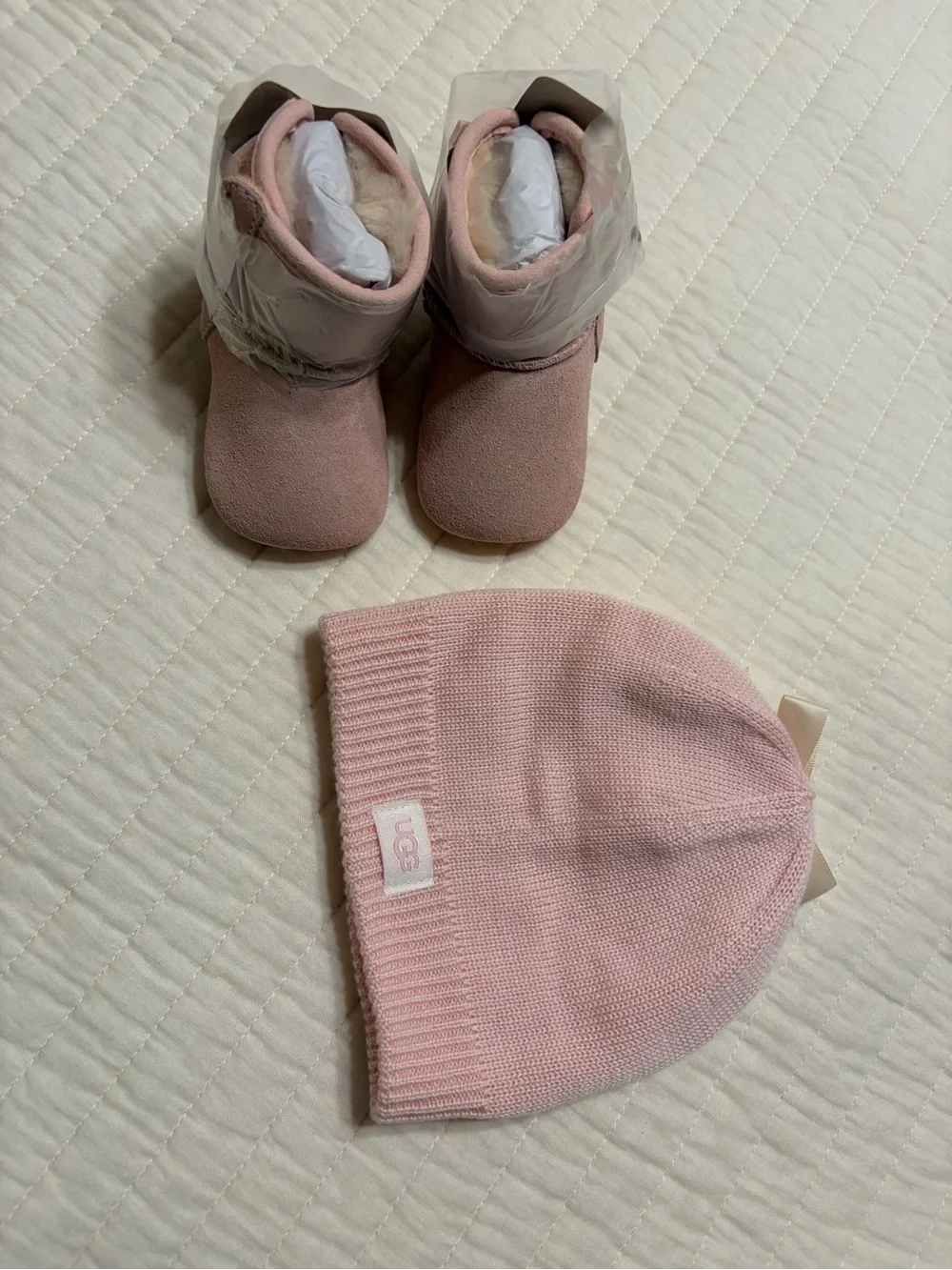 UGG Baby Girls Pink Knit Bow Beanie and UGG Suede Booties Set
